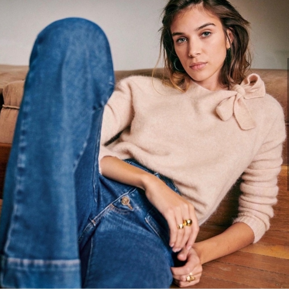 Sezane Blush Pink Bow-Shoulder Angora Blend Sweater